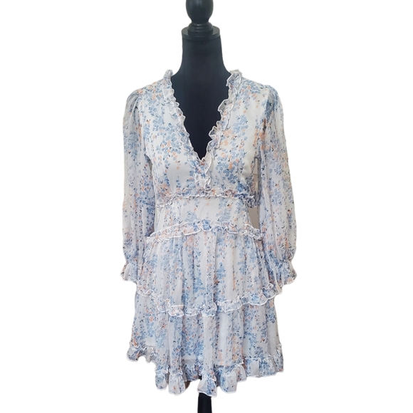 Angel Biba Dresses Floral Open Back Ruffle Chiffon Dress In White